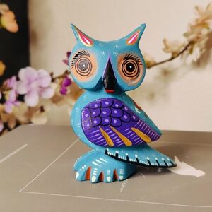 Signed Roberta Angeles Oaxacan Alebrije Owl, Vibrant Blue Mexican Folk Art Wood